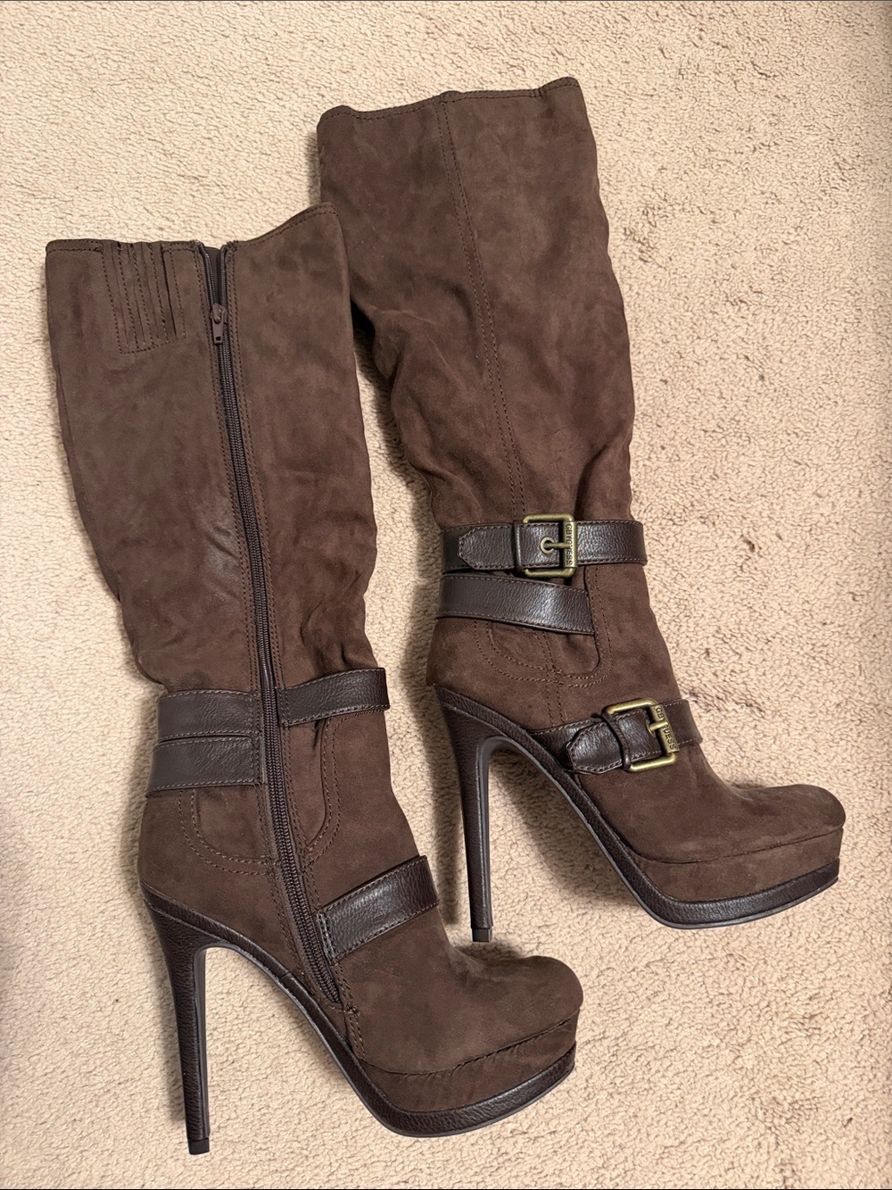 G by Guess Dark Brown Suede Knee-High Platform Stiletto Boots